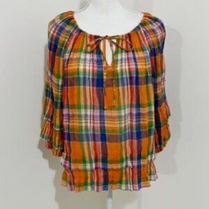 Lauren Ralph Lauren Orange Plaid Gauze 3/4 Sleeve Peasant Top Blouse